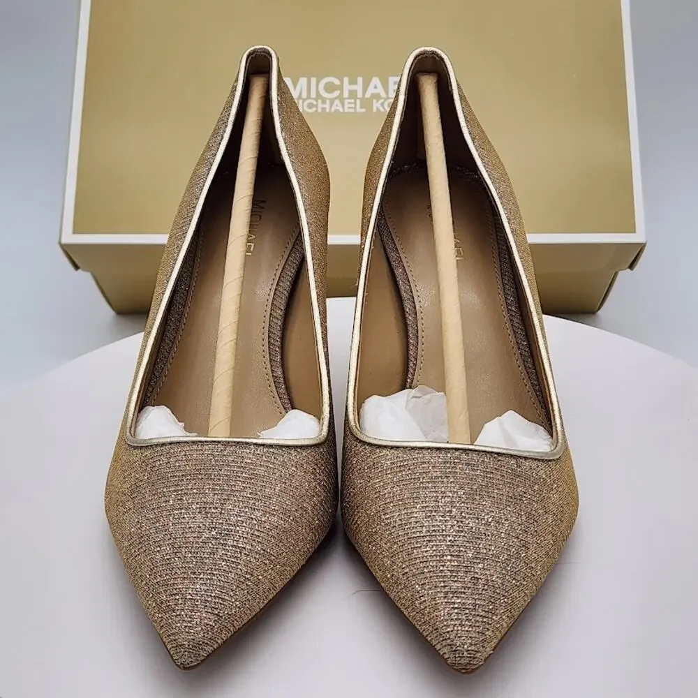 NEW Michael Kors Alina Flex Pump Pale Gold Glitter Chain Mesh Heels Size 5.5M